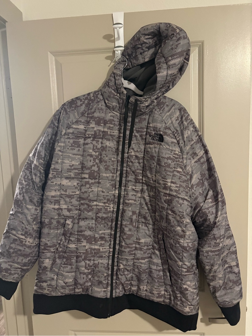 The North Face Gray Digital Camo Quilted Hooded Jacket - REVERSIBLE